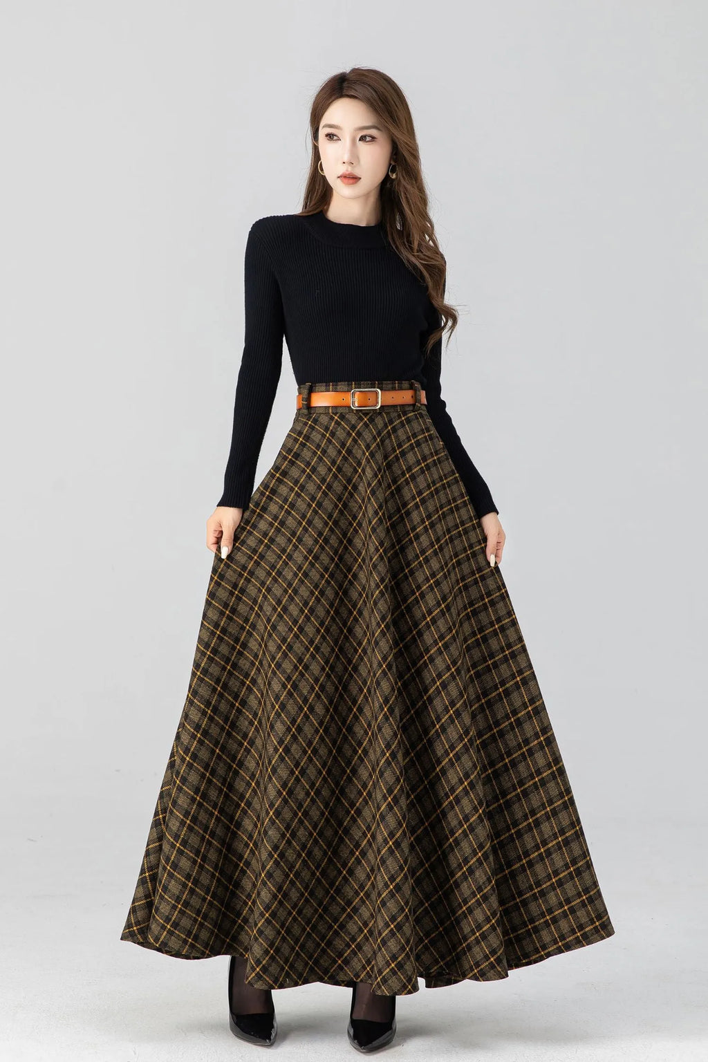 Handmade Brown Plaid Wool Maxi Skirt – High Waist Pleated Winter Long Skirt 