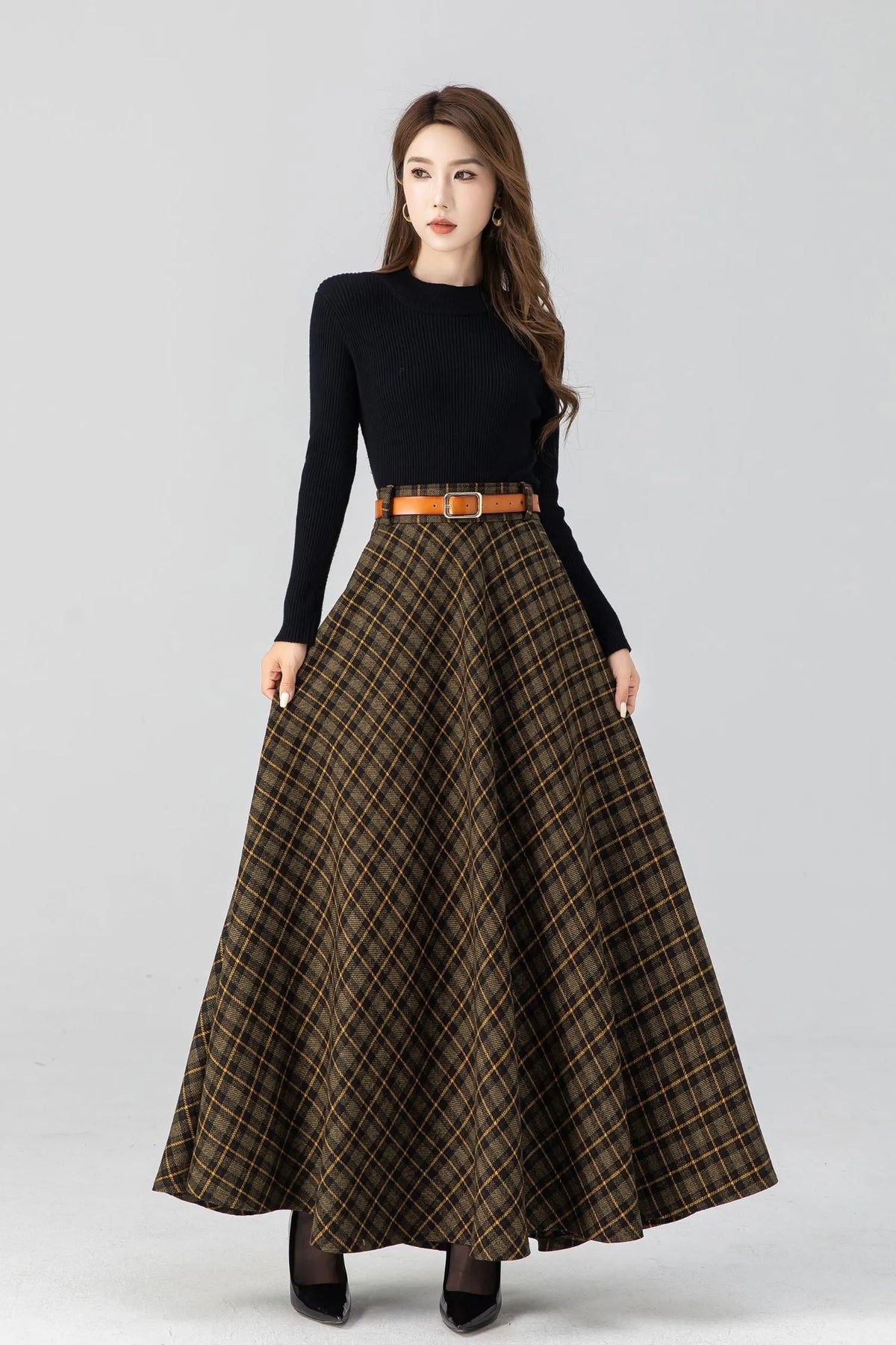 Handmade Brown Plaid Wool Maxi Skirt – High Waist Pleated Winter Long Skirt 