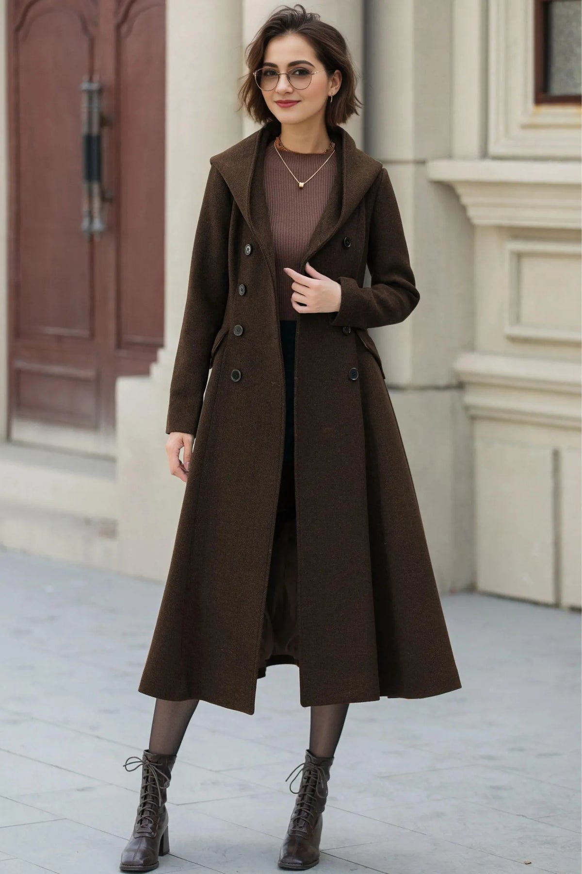 Army Green Wool A-Line Maxi Coat with Hood - Vintage Inspired Swing Fit 6385