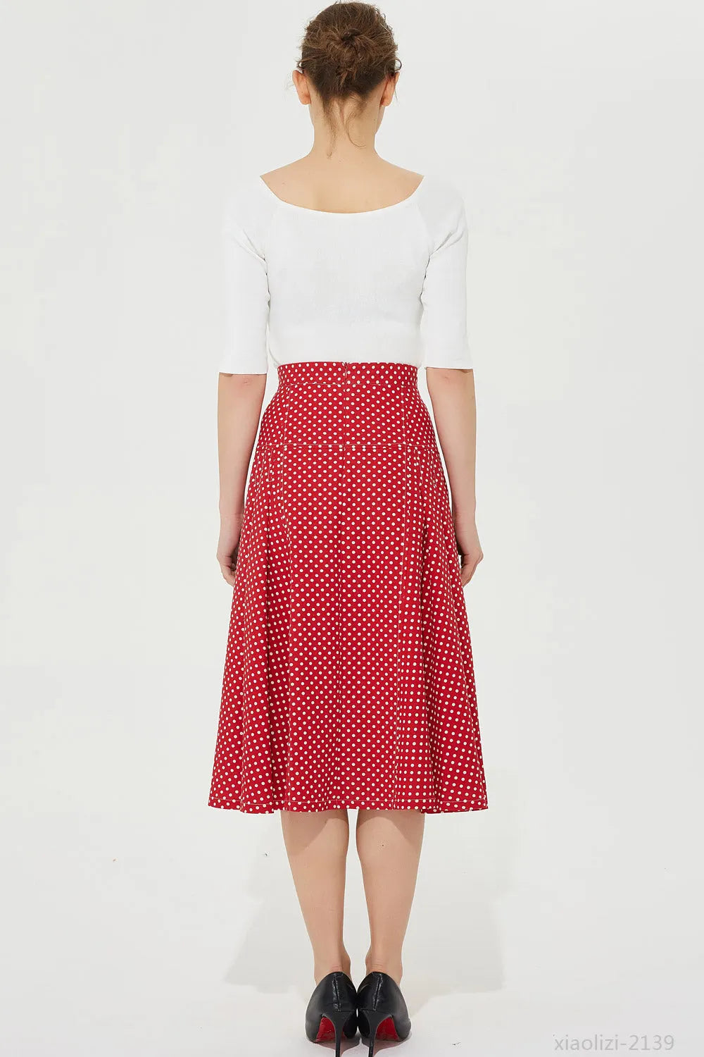 Red Polka Dot Linen Midi Skirt - High Waisted Pleated Flare 2139