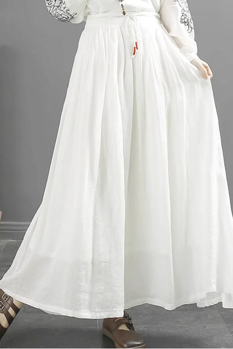 White Linen Maxi Skirt - Elastic Waist A-Line Flow 4345