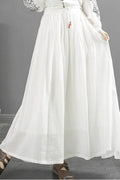 White Linen Maxi Skirt - Elastic Waist A-Line Flow 4345