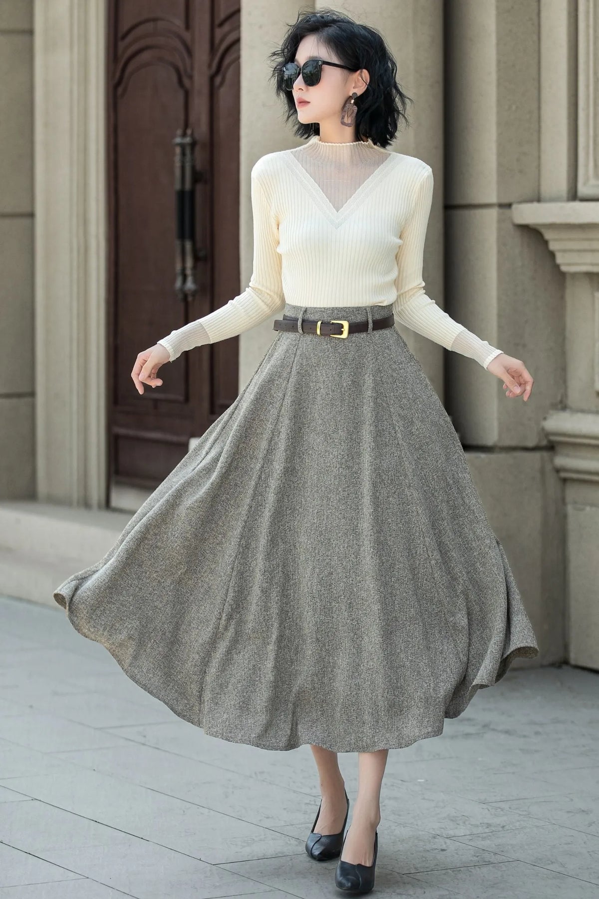 Gray Wool A-Line Midi Skirt - High Waist with Pockets 5313
