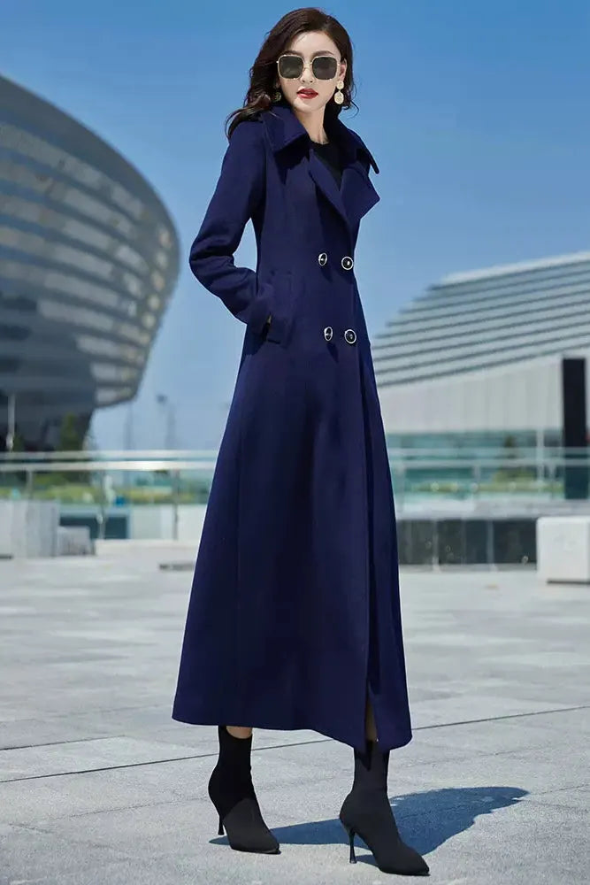 Navy Blue Wool Coat – Long Double Breasted Fit & Flare Winter Overcoat 