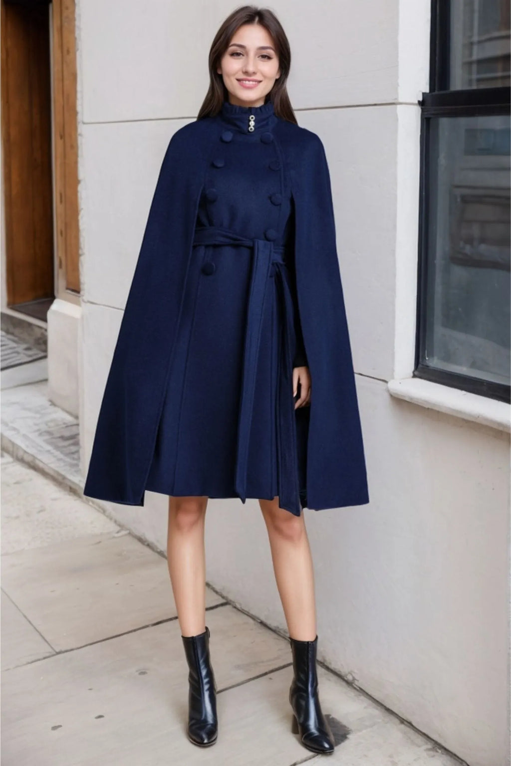 Blue Wool Cape Coat – Women’s Elegant Stand Collar Winter Cloak 2487
