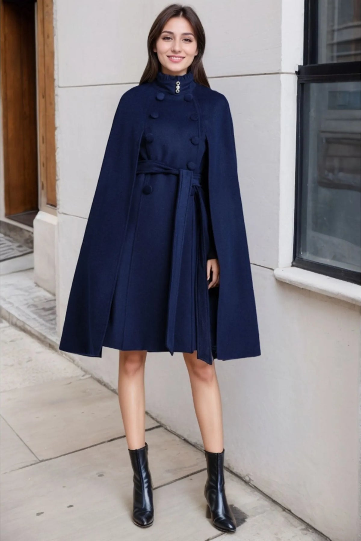 Blue Wool Cape Coat – Women’s Elegant Stand Collar Winter Cloak 2487