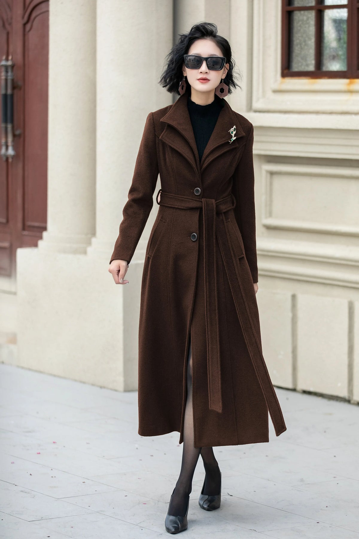 Brown Wool Midi Coat - Flared Silhouette with Fabric Belt 6306