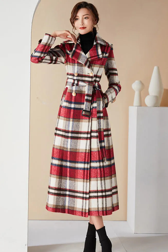 Handmade Plaid Wool Coat – Vintage Red Check Double-Breasted Long Belted Overcoat 