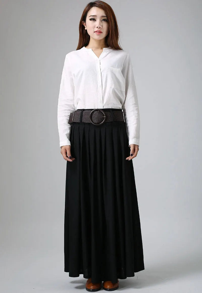 Handmade Black Maxi Skirt – Pleated A-Line Skirt with Pockets 