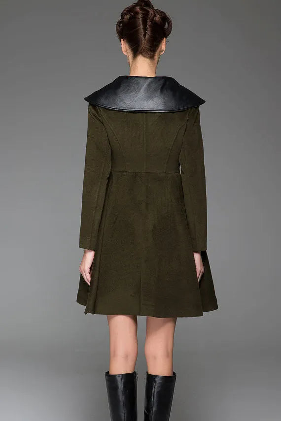 Vintage Wool Coat for Women – Handmade Olive Green Short Belted Winter Coat with Leather Lapel 