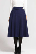Navy Wool A-Line Midi Skirt - High Waist Elegant Silhouette 2301