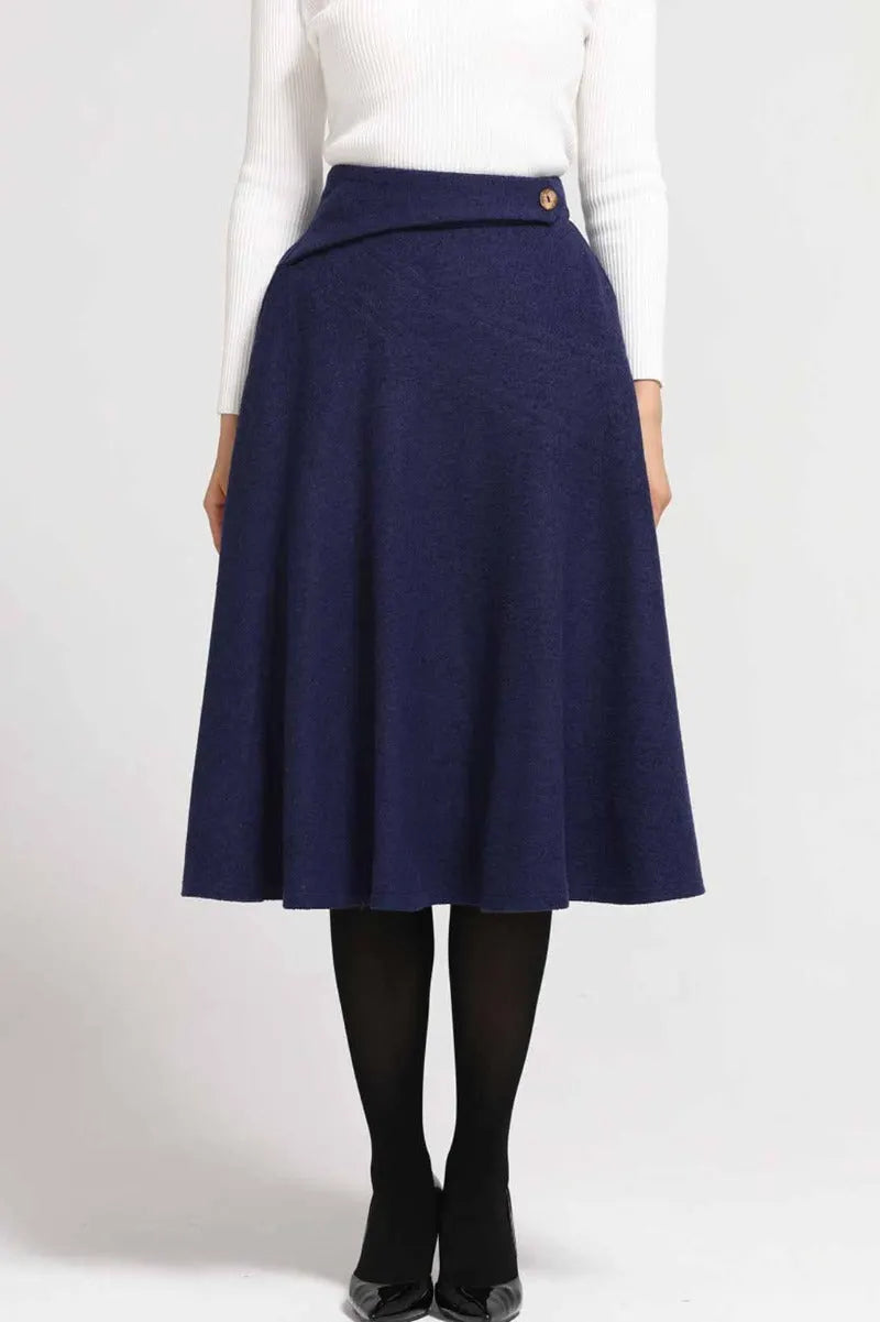 Navy Wool A-Line Midi Skirt - High Waist Elegant Silhouette 2301