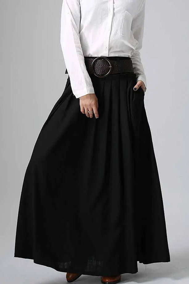 Handmade Black Maxi Skirt – Pleated A-Line Skirt with Pockets 