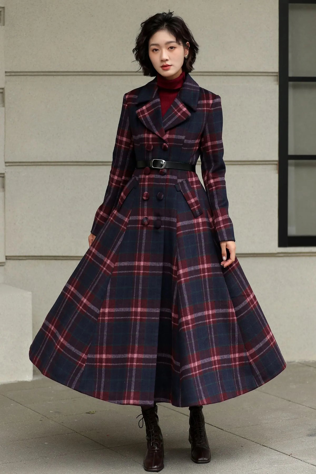 Plaid Wool Swing Coat – Vintage 1950s Double Breasted Long Overcoat 6536