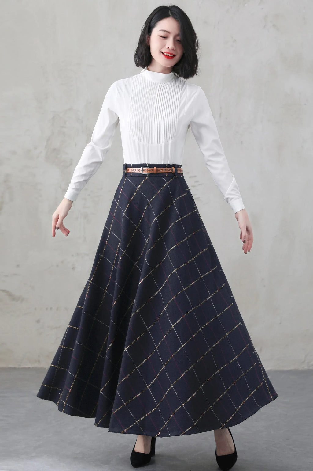 Blue Plaid Wool Blend A-Line Maxi Skirt - Vintage with Pockets 4001