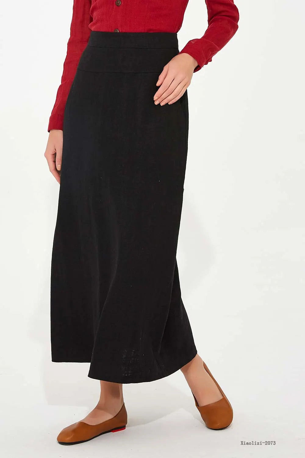 Black Linen High-Waisted Straight Skirt - Fitted Silhouette 2073