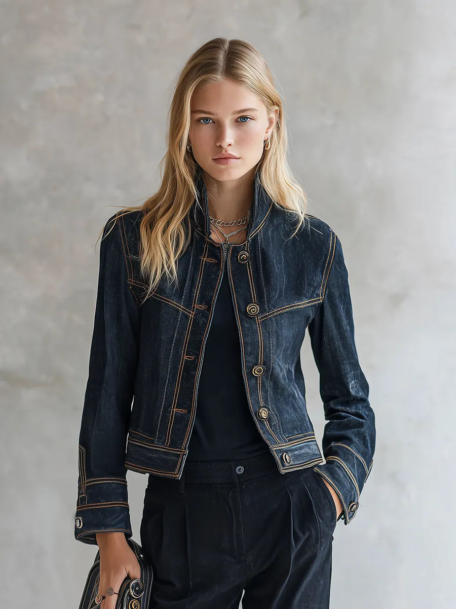 Women’s Cropped Navy Contrast Stitching Denim Jacket