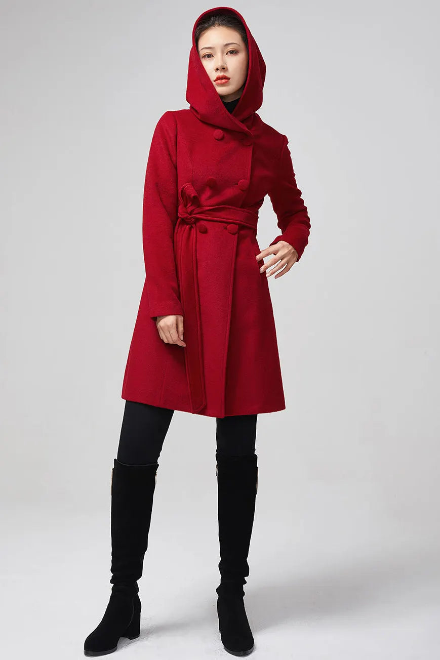 Red Wool Blend Hooded Coat – Handmade Double-Breasted Winter Elegance 2199