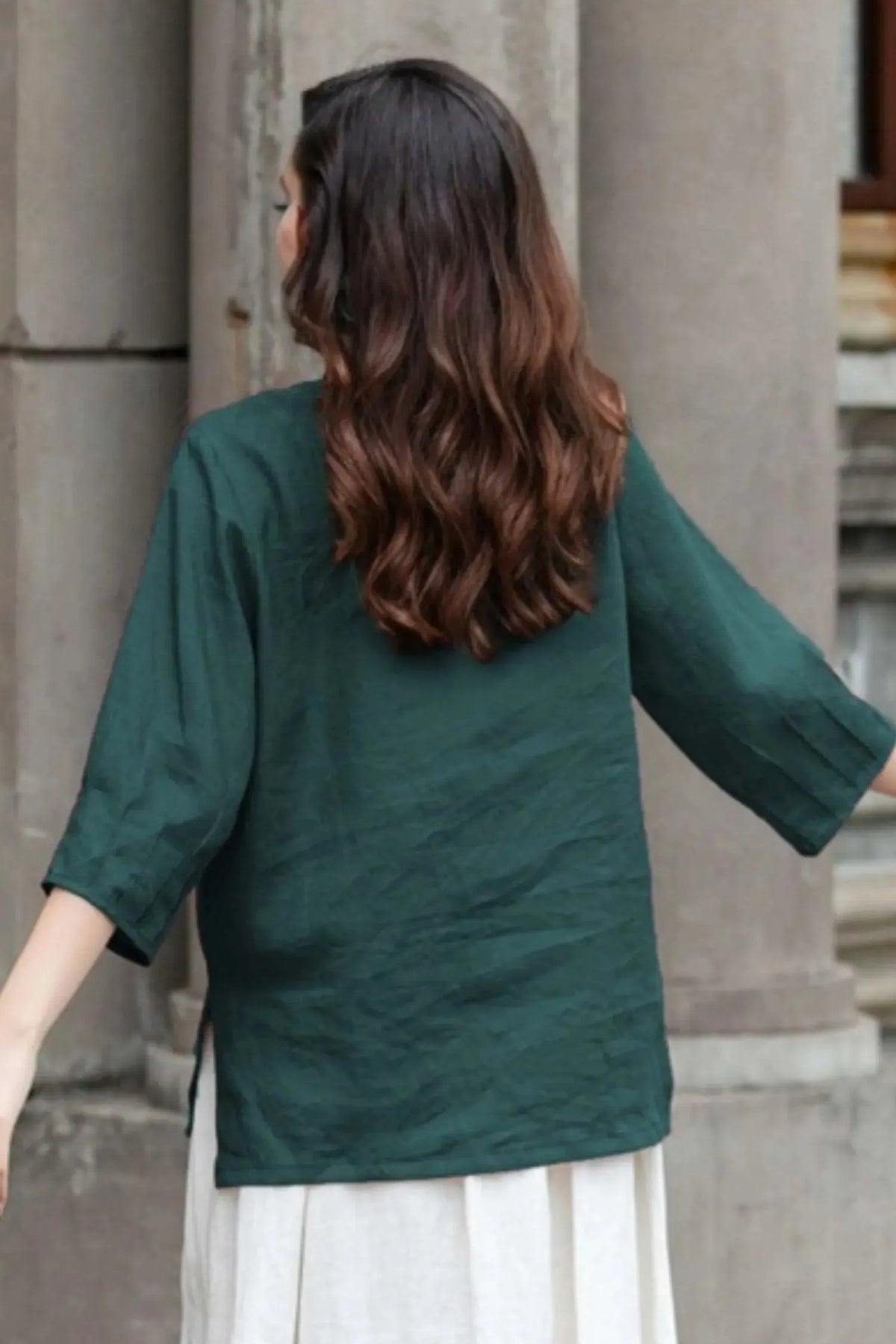 Green Linen Blouse - Loose Fit with Boat Neckline 5781