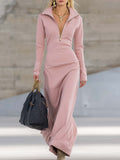 Elegant Retro Sporty V-neck Front Zipper Long-sleeved Pink Maxi Dress
