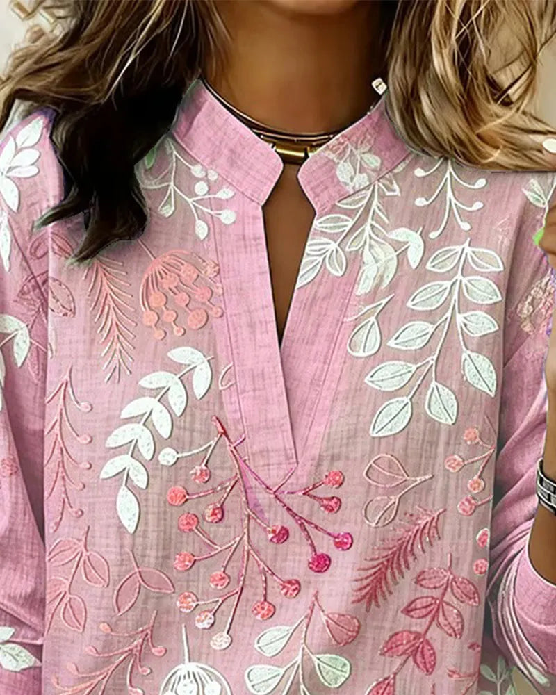 Women's V-Neck Floral Embroidered Blouse, Long Sleeve Notch Collar Linen Blend Top
