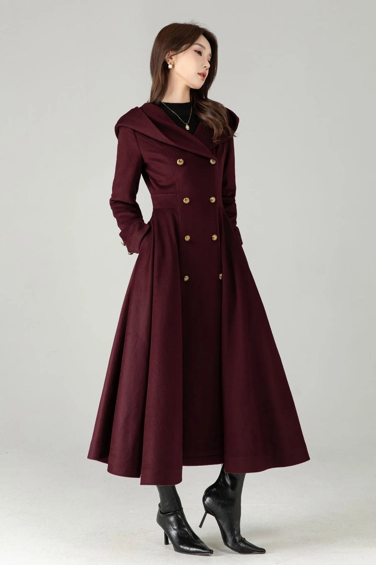 Hooded Burgundy Wool Coat – Elegant Double-Breasted Long Swing Coat 