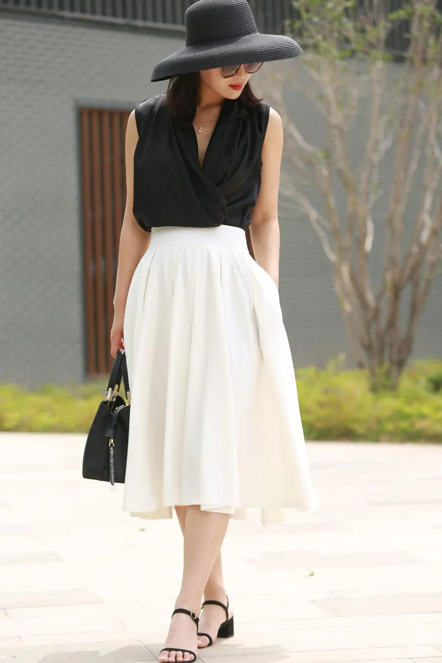 White Flare Midi Skirt - Fitted Waist & Seam Pockets 