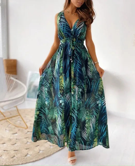Sexy Deep V-Neck Ankle-Length Beach Party Dress