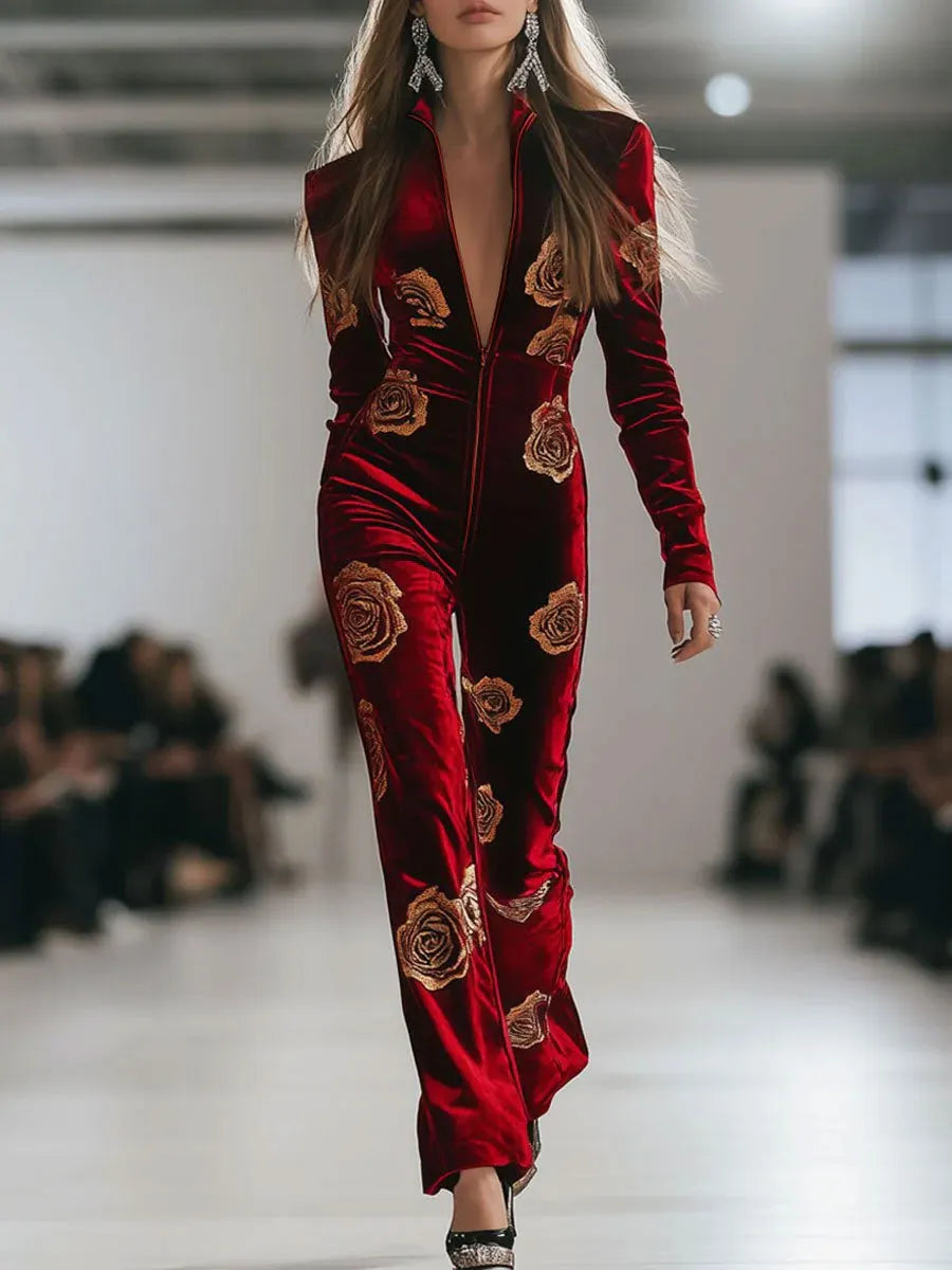 Casual Loose Retro Red Velvet Gold Rose Printed Zipper Long Sleeve Jumpsuit