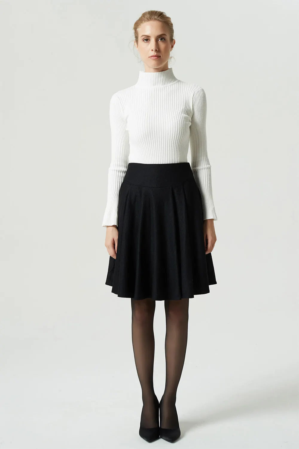 Black Wool Skater Skirt - Pleated Midi with Wide Waistband 1990