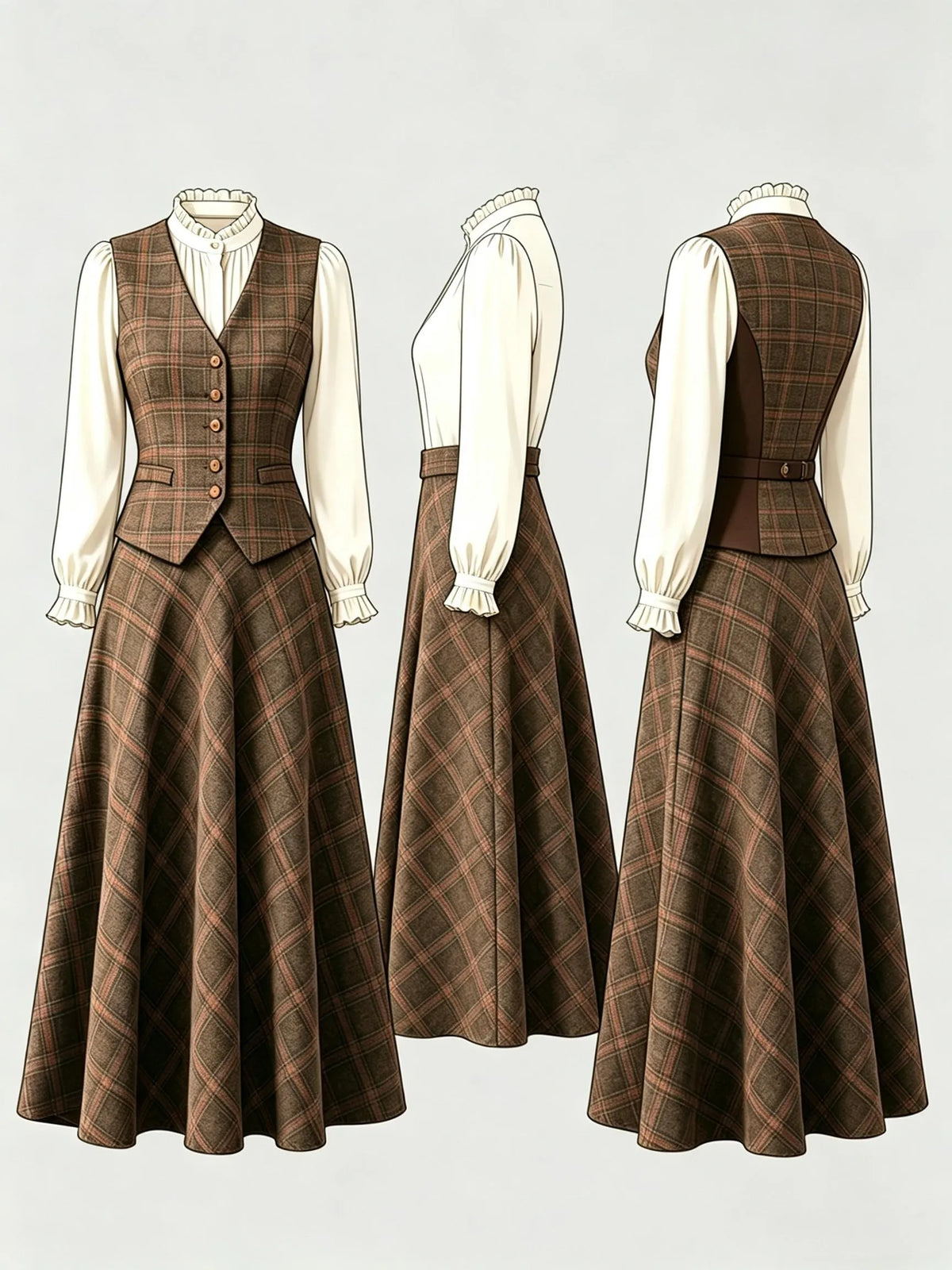 Brown Plaid Wool Blend A-Line Skirt - Vintage Ankle Length 6924