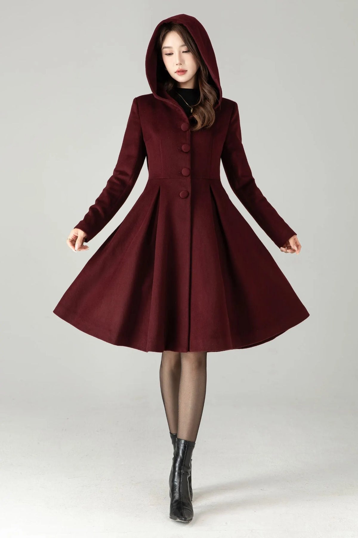 Hooded Burgundy Wool Coat – Vintage Fit & Flare Short Winter Coat 