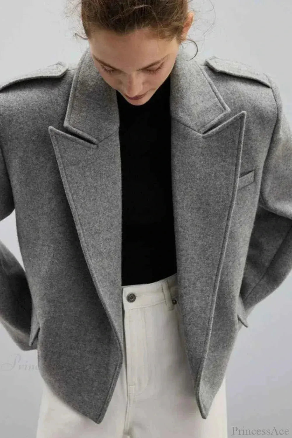Structured Coat with Lapel Collar and Accentuated Shoulders