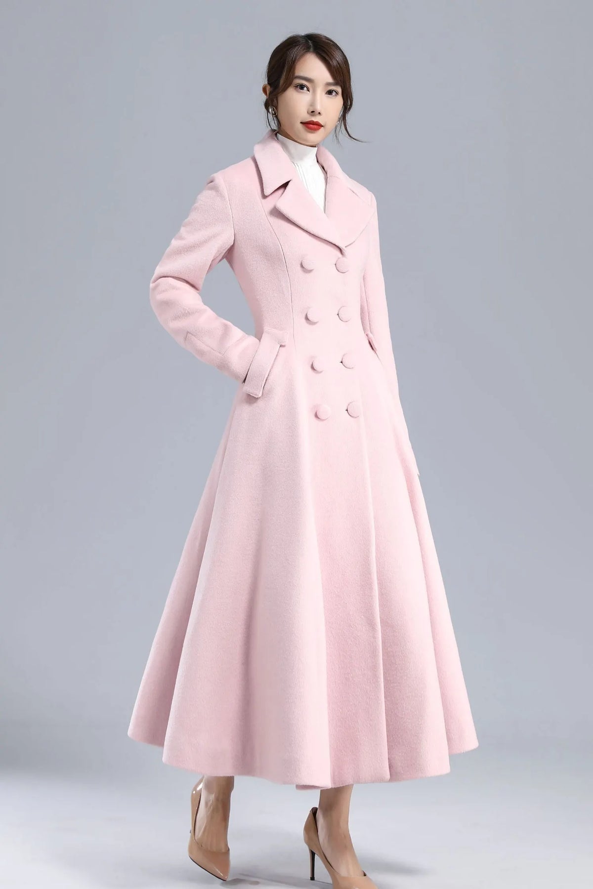 Romantic Pink Wool Blend Coat – Winter Double Breasted Overcoat 3240
