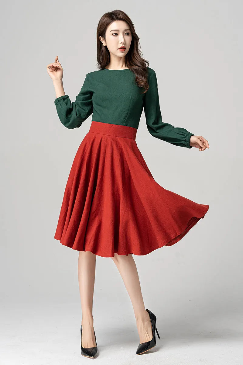 Green Linen Blouse - Lantern Sleeve Relaxed Fit 4183