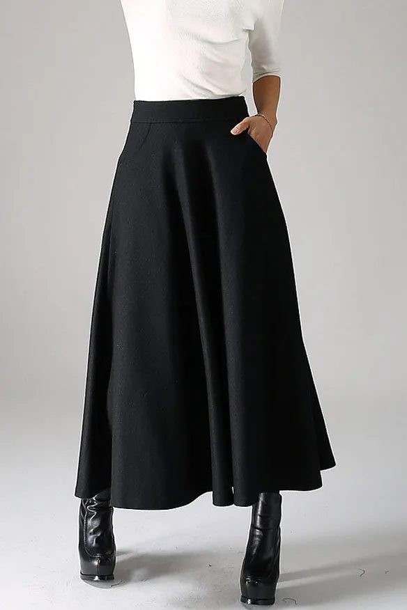 Black Wool Maxi Skirt Women – High Waist A-Line Long Winter Skirt with Pockets 1088