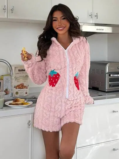 Strawberry Embroidered Jacquard Plush Hooded One-Piece Pajamas