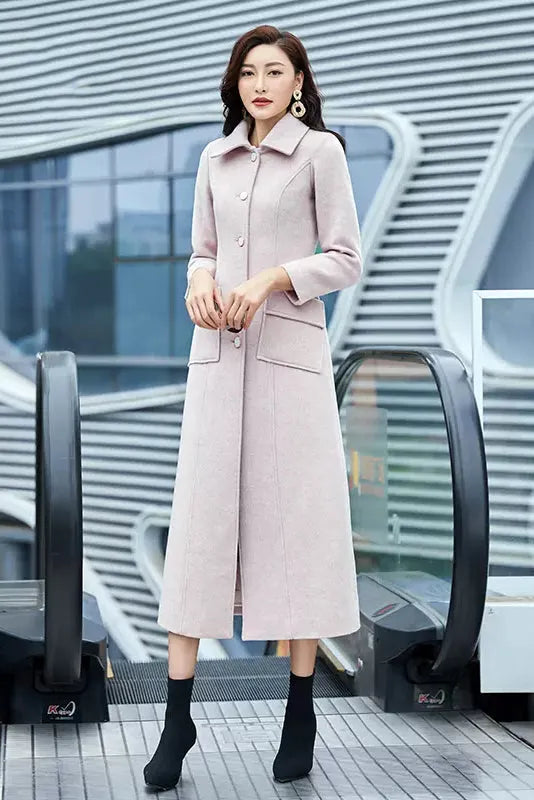 Light Pink Wool Coat – Handmade Long Slim Fit Winter Overcoat for Women 3977