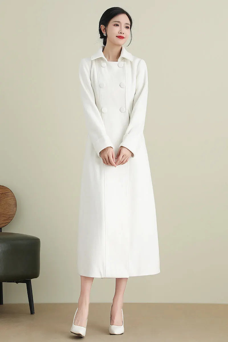 Xiaolizi White Long Wool Coat for Women – Handmade Double Breasted Winter Wedding Coat 3903