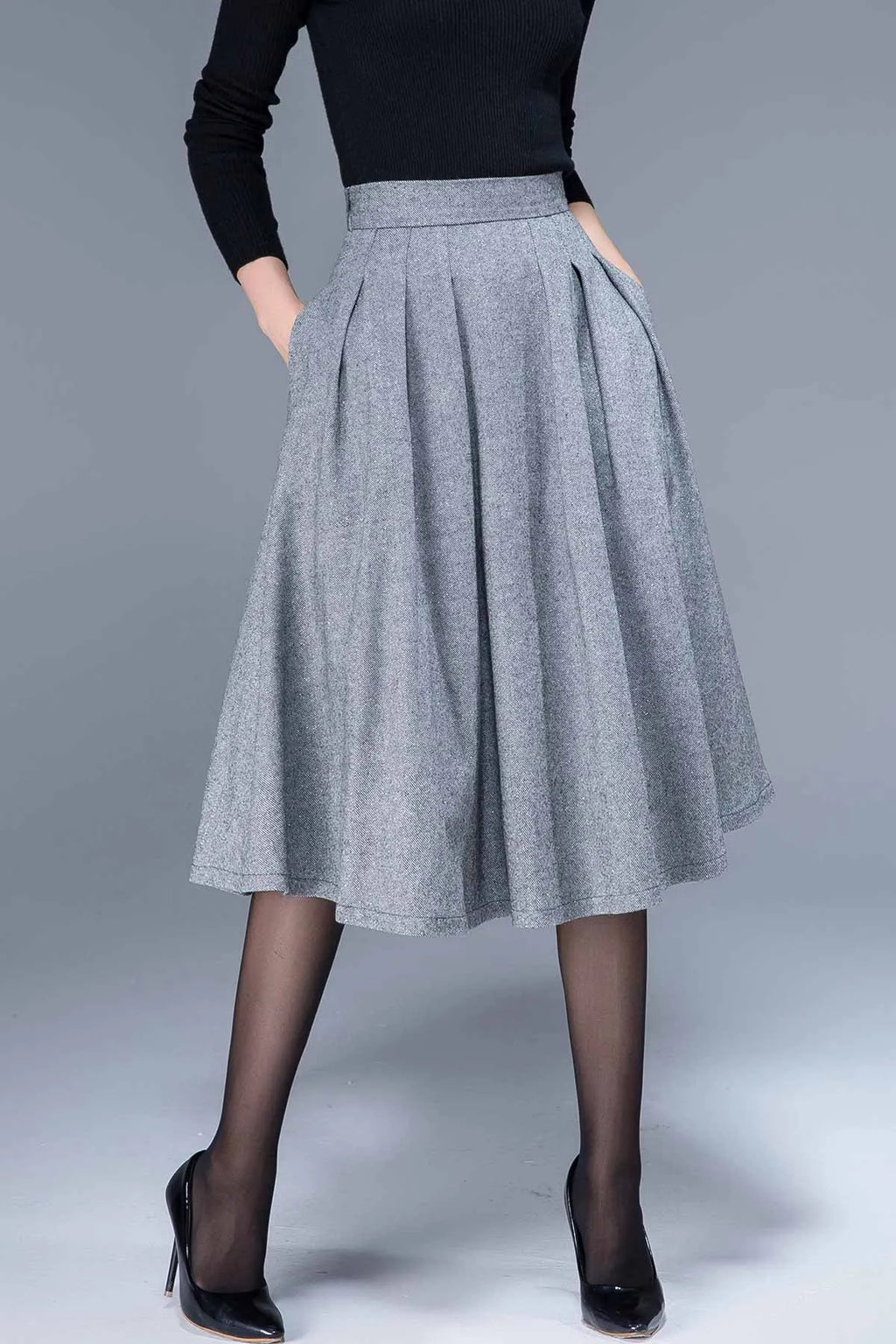 Gray Pleated Wool Midi Skirt – Handmade High Waist Winter Classic 