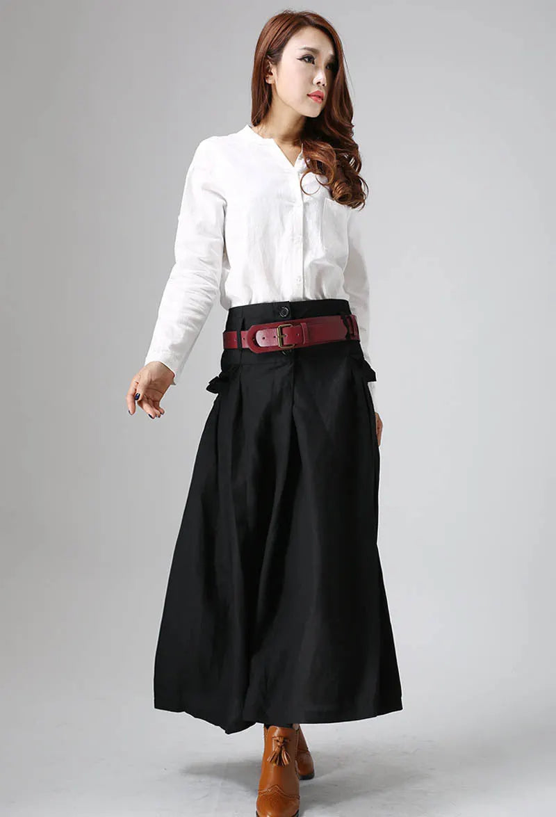 Black Linen Maxi Skirt - Pleated Pockets, Button Front 822