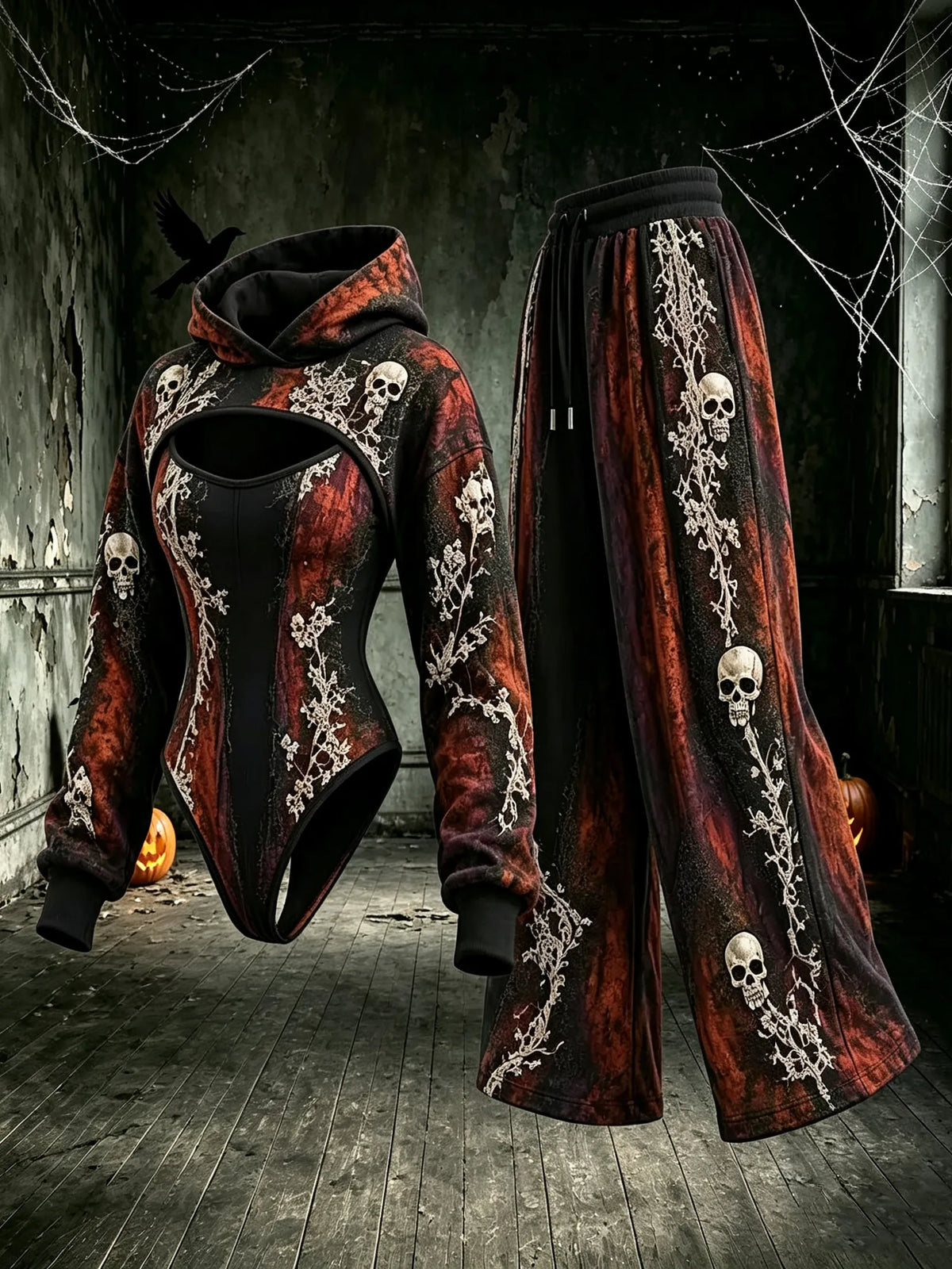 Women's Halloween Color-blocked Tie-dye Skull Print Hooded Three-piece Set