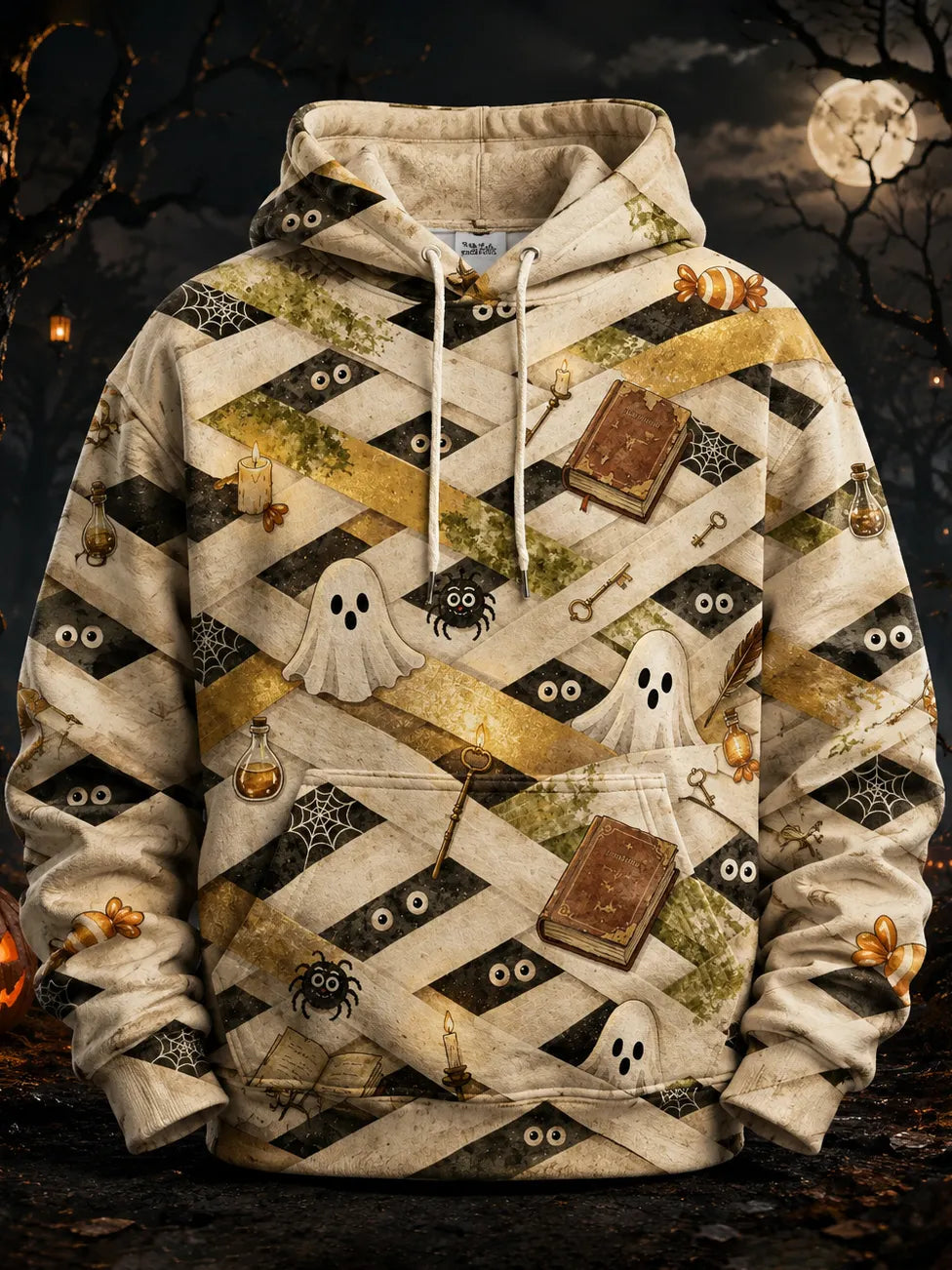Men's Vintage Halloween Bandaged Ghost Art Print Casual Hoodie