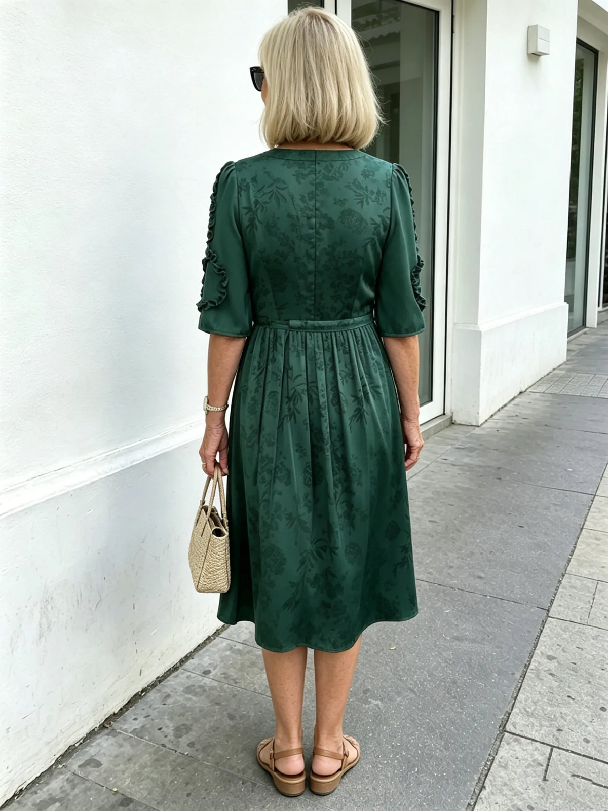 Coffee Brown Floral Print Midi Dress, Split Neck Button Front Ruffle 3/4 Sleeve Tie Waist Slimming Dress for Mature Wome
