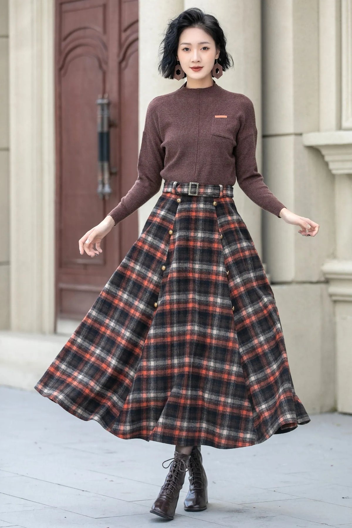 Plaid Wool Midi Skirt - A-Line Silhouette with Belt Waist 5355