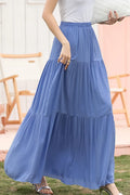 Blue Linen Cotton Maxi Skirt - Tiered, Elastic Waist 2717
