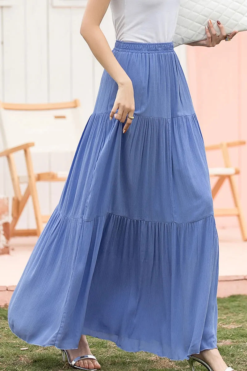 Blue Linen Cotton Maxi Skirt - Tiered, Elastic Waist 2717