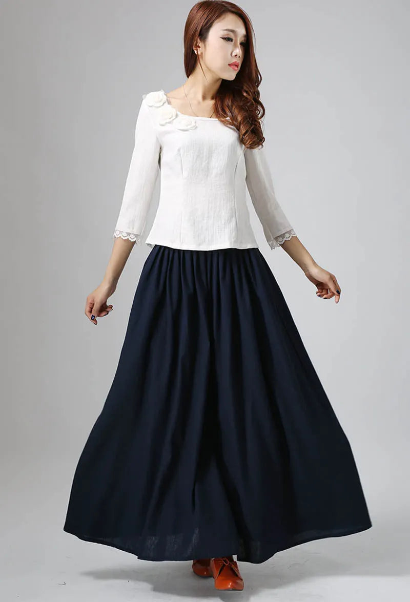 Navy Linen Maxi Skirt - Pleated Waist Side Pockets 