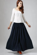 Navy Linen Maxi Skirt - Pleated Waist Side Pockets 