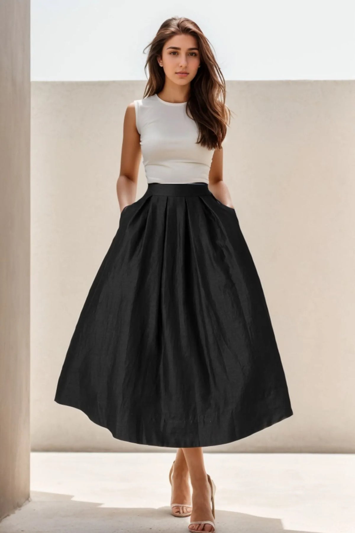 Black Linen Midi Skirt - Pleated Waist, Elastic Back 5124